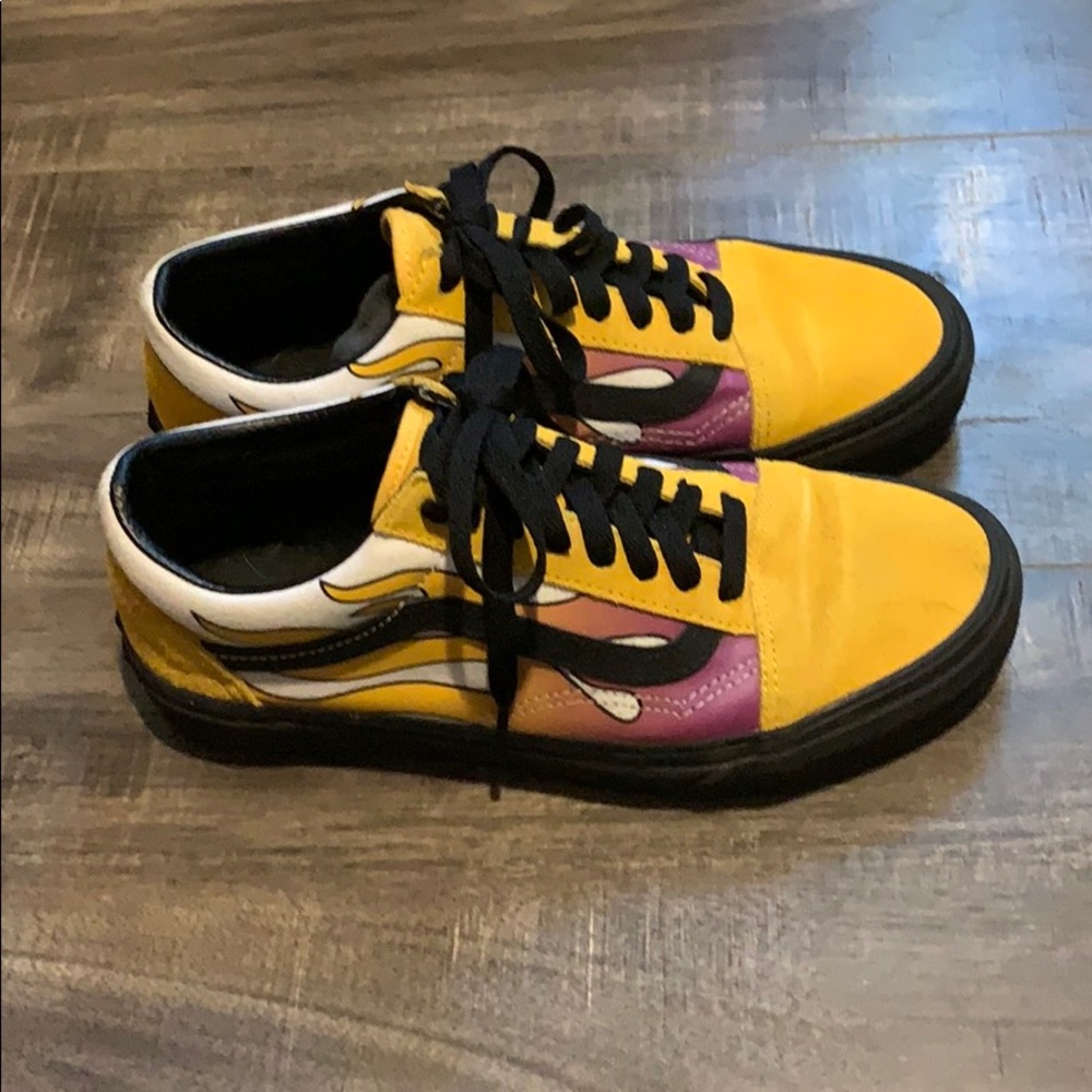 Purple, Yellow, and Black flame Vans